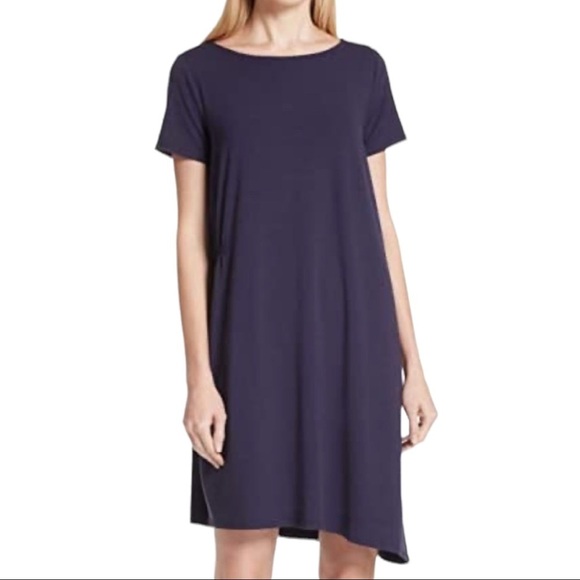 Eileen Fisher Dress Short Sleeve Asymmetrical Stretch Jersey Navy Blue Size XS - Picture 1 of 5